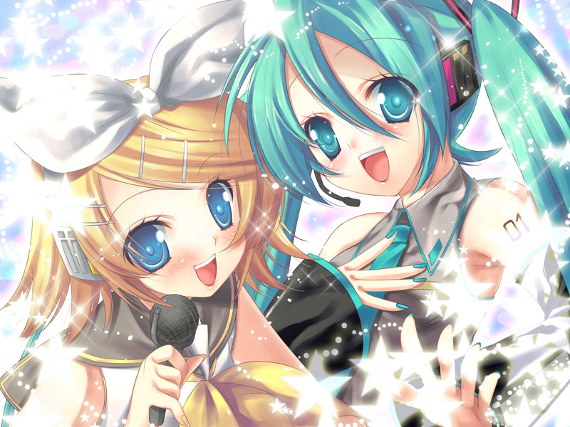 hatsune miku and kagamine rin (vocaloid) drawn by mitsumomo_mamu