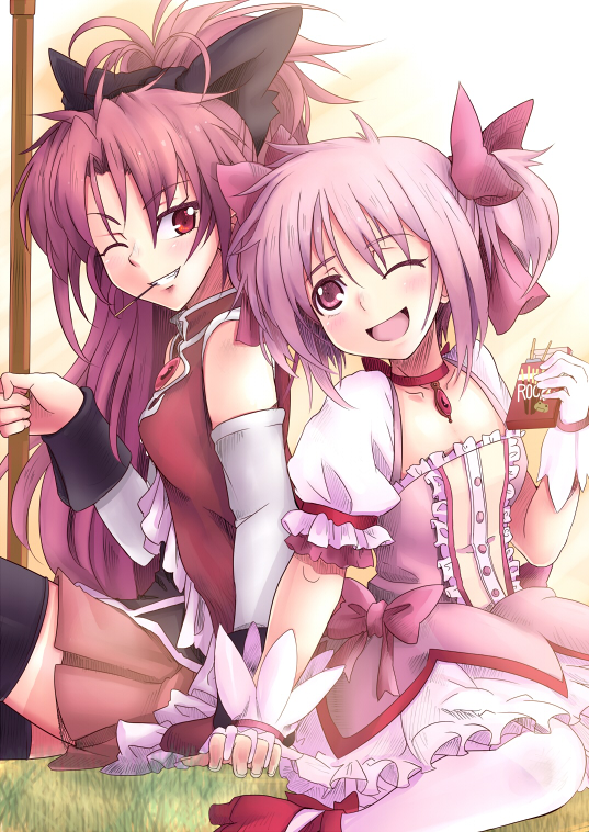kaname madoka and sakura kyoko (mahou shoujo madoka magica) drawn by yude