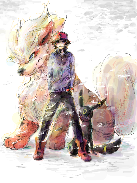 hilbert, umbreon, and arcanine (pokemon and 1 more) drawn by so00n