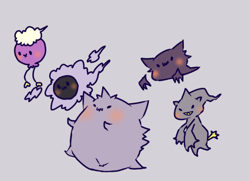 gengar, gastly, drifloon, haunter, and banette (pokemon) drawn by tororoika