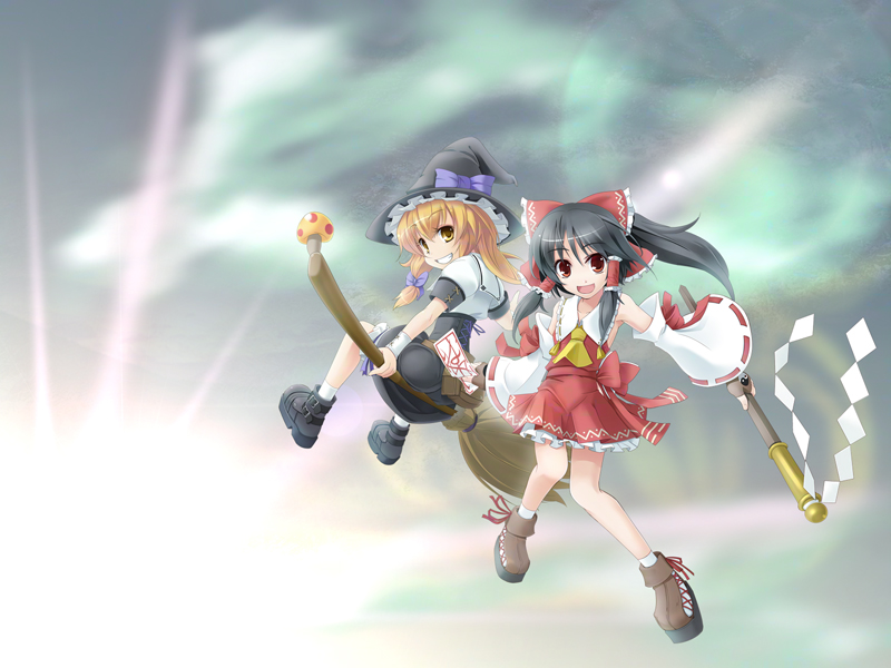 hakurei reimu and kirisame marisa (touhou) drawn by wapokichi