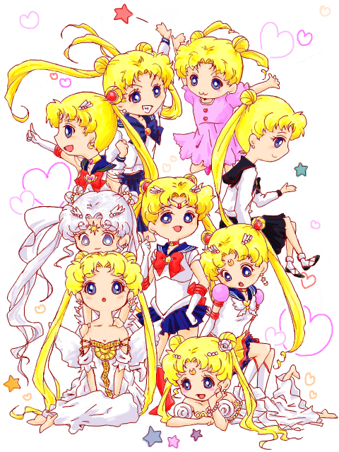 tsukino usagi, sailor moon, princess serenity, super sailor moon, eternal sailor moon, and 2 more (bishoujo senshi sailor moon and 1 more) drawn by sakisakura.