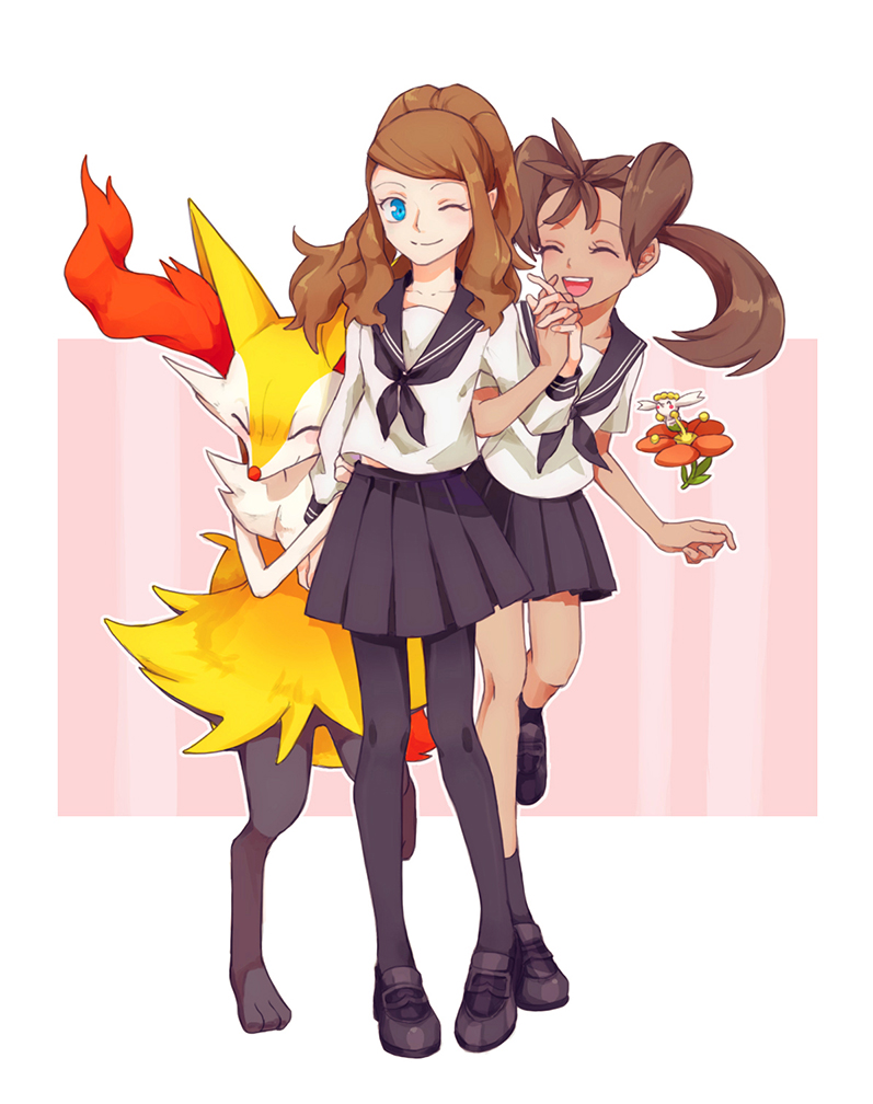serena, braixen, shauna, and flabebe (pokemon and 1 more) drawn by kouri_(kyorosuukeeeeeee)