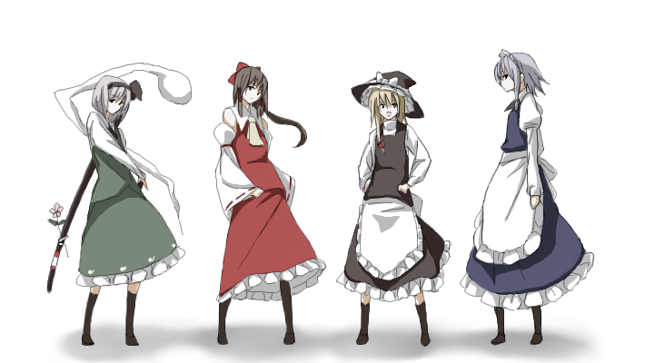 hakurei reimu, kirisame marisa, izayoi sakuya, and konpaku youmu (touhou) drawn by kajiki