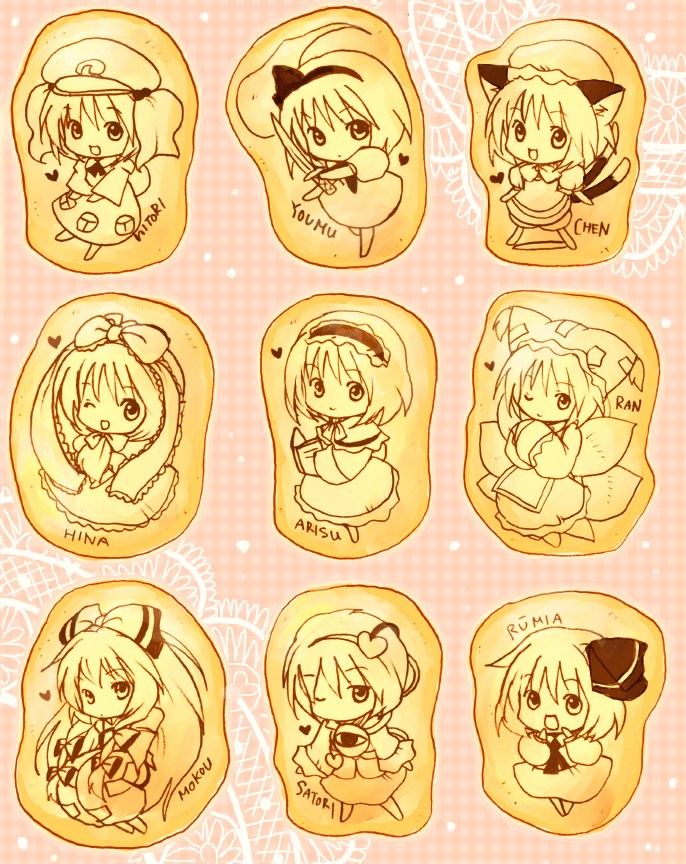konpaku youmu, alice margatroid, fujiwara no mokou, komeiji satori, yakumo ran, and 4 more (touhou) drawn by eijima_moko