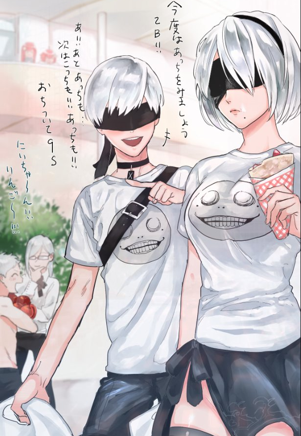 2b, 9s, emil, devola, popola, and 2 more (nier and 1 more) drawn by mellow_rag