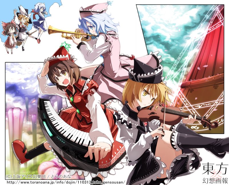 hakurei reimu, kirisame marisa, izayoi sakuya, lunasa prismriver, lyrica prismriver, and 1 more (touhou and 1 more) drawn by rondo_umigame