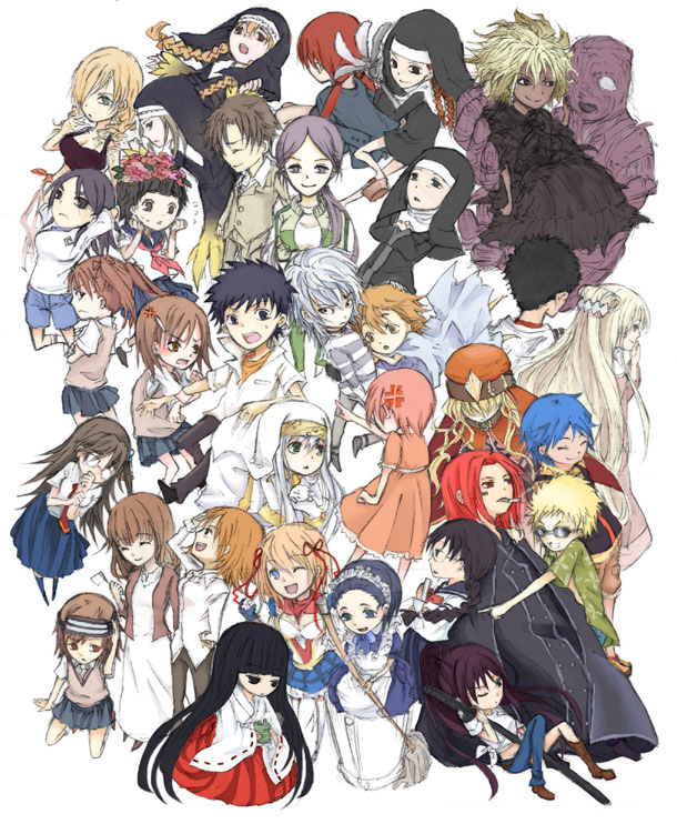 misaka mikoto, kamijou touma, and index (toaru majutsu no index) drawn by edo_cha