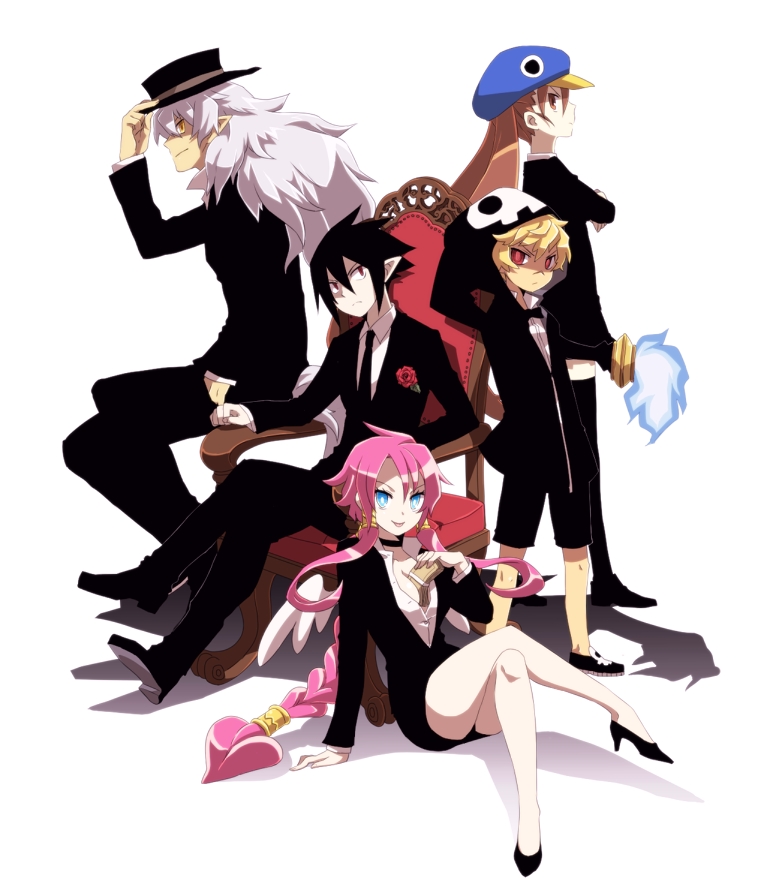 prinny, kazamatsuri fuuka, valvatorez, vulcanus, fenrich, and 1 more (disgaea and 1 more) drawn by tsukiko_(meltdown)