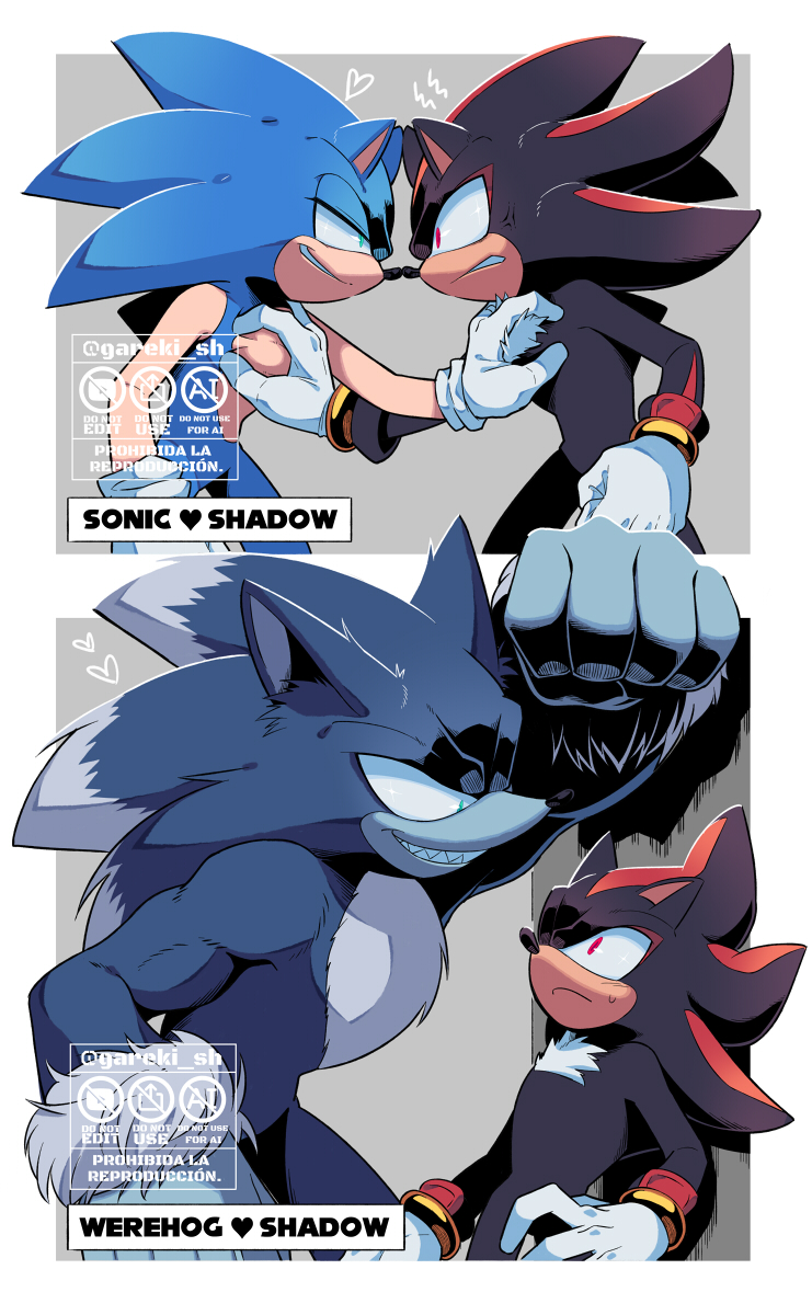 sonic the hedgehog, shadow the hedgehog, and sonic the werehog (sonic and 1 more) drawn by gareki_sh
