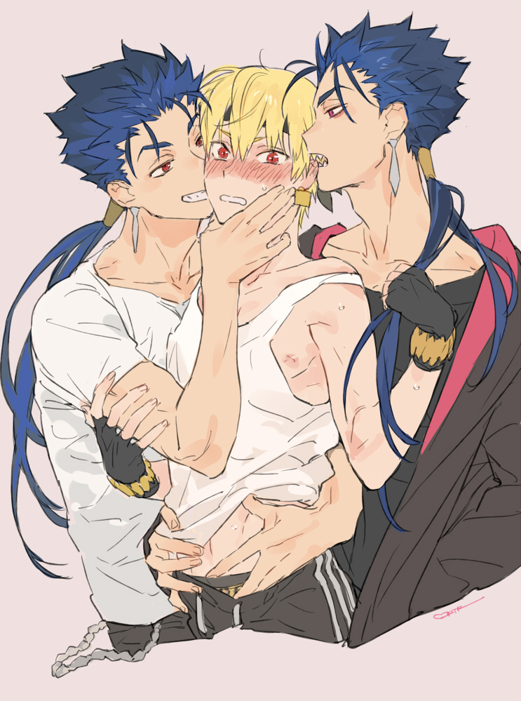 gilgamesh, cu chulainn alter, and cu chulainn (fate and 3 more) drawn by toujou_sakana