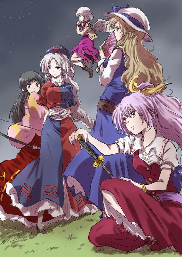 houraisan kaguya, yagokoro eirin, kishin sagume, watatsuki no yorihime, and watatsuki no toyohime (touhou) drawn by unya