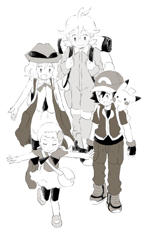 pikachu, ash ketchum, serena, bonnie, and clemont (pokemon and 1 more) drawn by sanasa