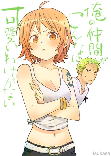 nami and roronoa zoro (one piece and 1 more) drawn by jinnai_tsukasa