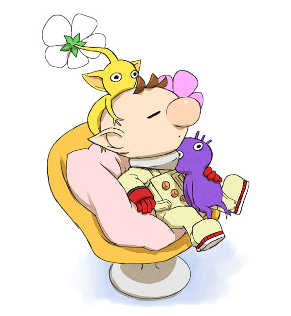 olimar, yellow pikmin, and purple pikmin (pikmin) drawn by naru_(wish_field)
