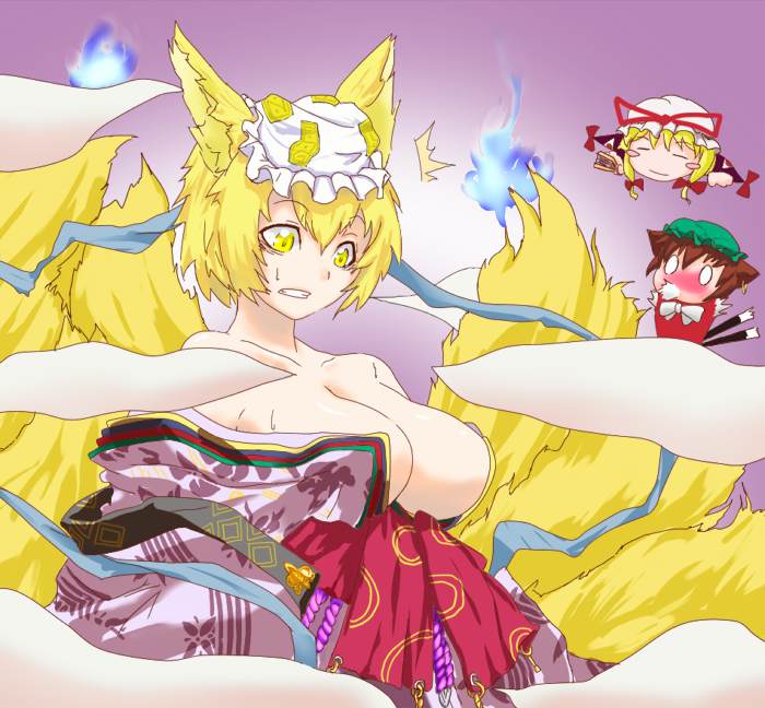yakumo yukari, yakumo ran, chen, and omachi (touhou and 2 more) drawn by soubi