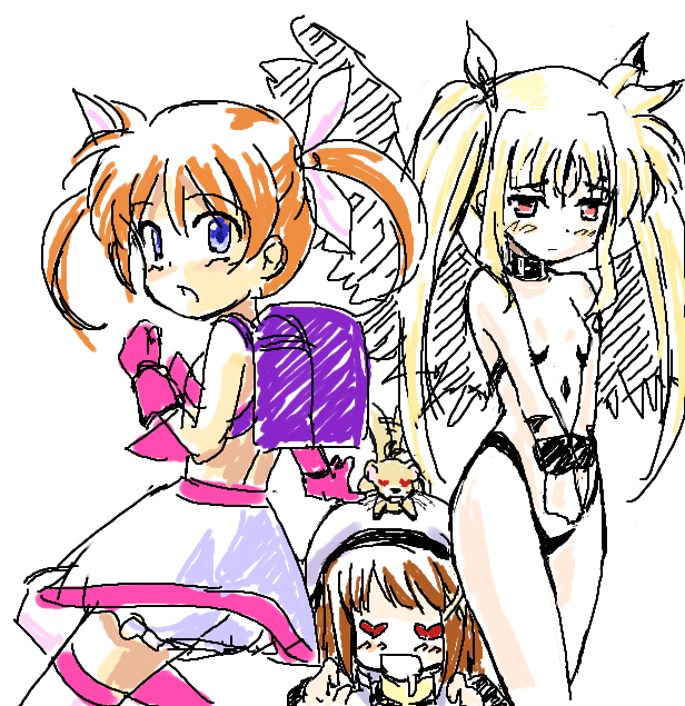 fate testarossa, takamachi nanoha, yagami hayate, yuuno scrya, meruru, and 2 more (lyrical nanoha and 3 more) drawn by masakichi_(crossroad)