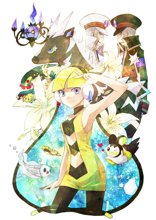 elesa, ingo, chandelure, emmet, emolga, and 5 more (pokemon and 1 more) drawn by hirako