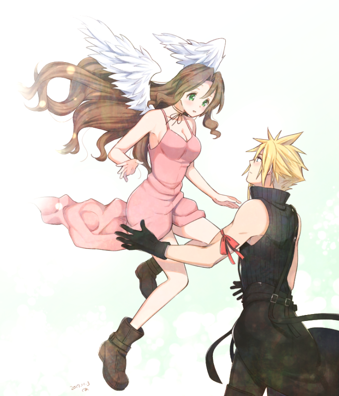 cloud strife and aerith gainsborough (final fantasy and 2 more) drawn by krudears
