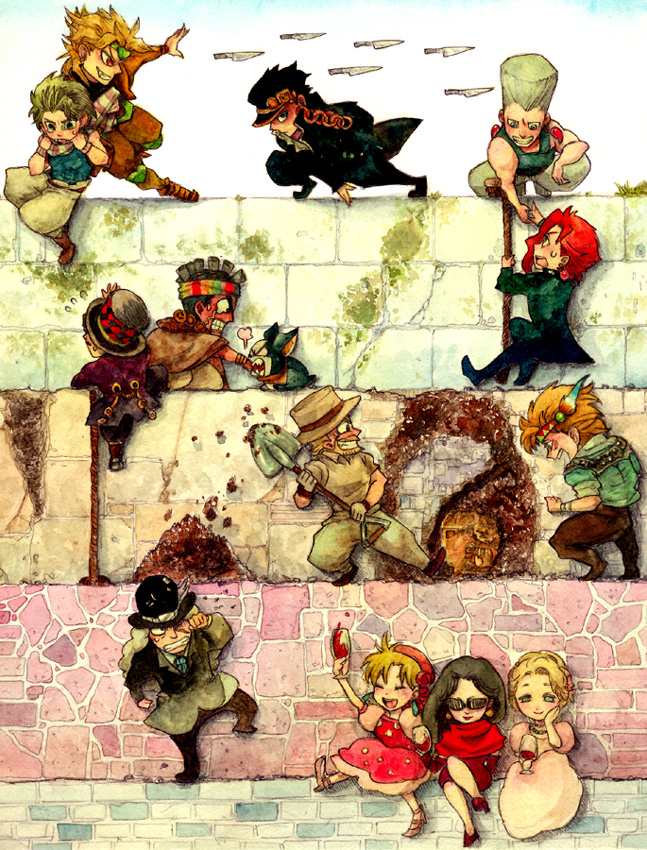joseph joestar, kujo jotaro, dio brando, caesar anthonio zeppeli, kakyoin noriaki, and 9 more (jojo no kimyou na bouken and 3 more) drawn by nisabo
