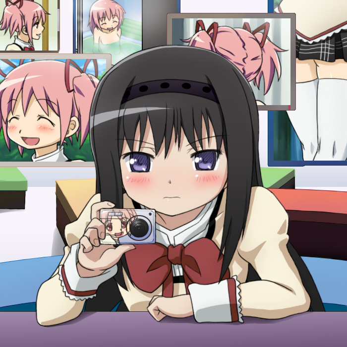 akemi homura and kaname madoka (mahou shoujo madoka magica) drawn by mameshiba_(pixiv_59310)