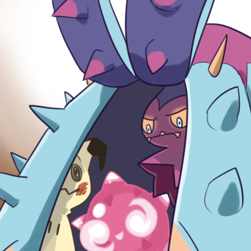 mimikyu, minior, and toxapex (pokemon) drawn by qumyak