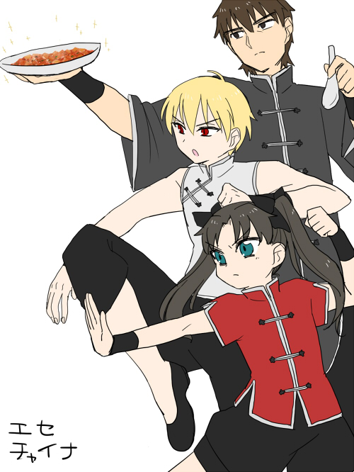 tohsaka rin, gilgamesh, and kotomine kirei (fate and 2 more) drawn by jinpachi_(jinpachi-pachi)