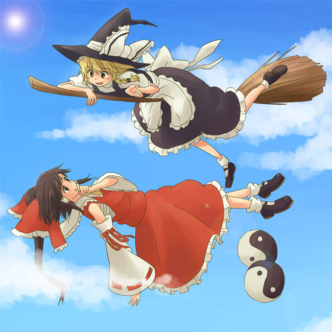 hakurei reimu and kirisame marisa (touhou) drawn by kannari