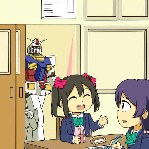 tojo nozomi, yazawa nico, and rx-78-2 gundam (love live! and 4 more) drawn by shiitake_nabe_tsukami