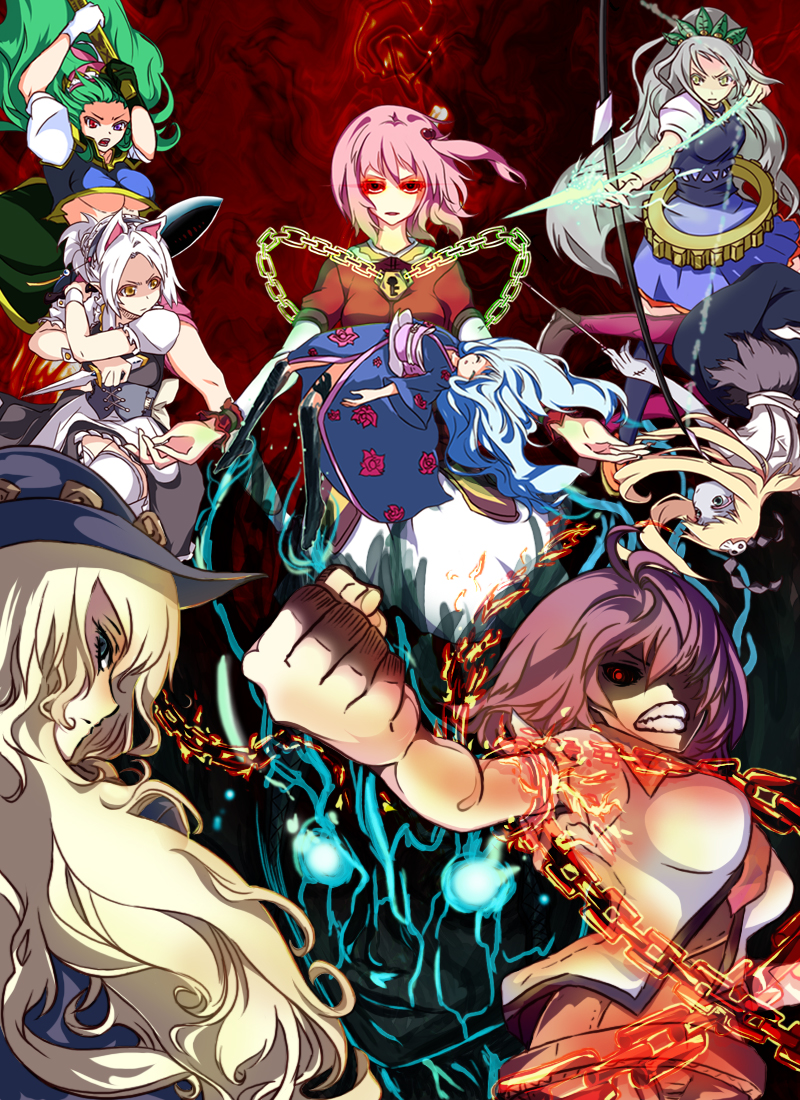 kawashiro mitori, sashiromiya sasha, sasaki rinbokusan, shiki eika, gatensoku sen, and 2 more (original and 1 more) drawn by nock_(garimoyasi)