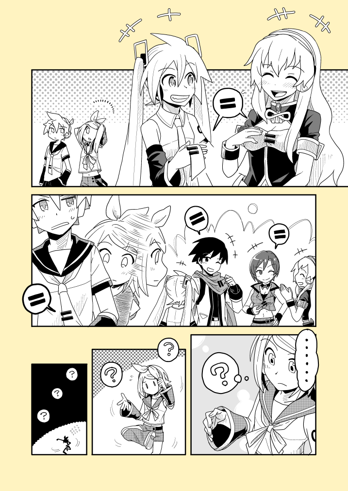 hatsune miku, kagamine rin, kagamine len, megurine luka, kaito, and 1 more (vocaloid) drawn by kokorori-p
