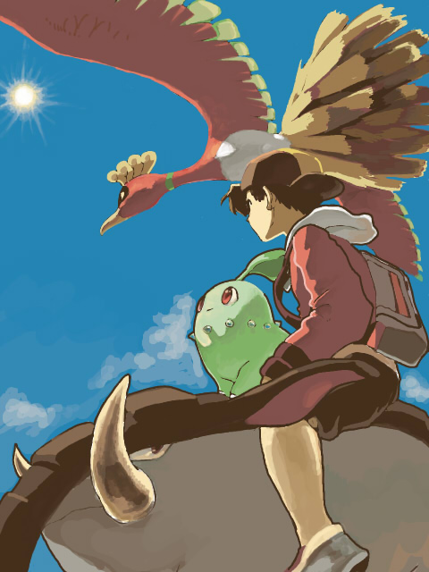 ethan, chikorita, ho-oh, and donphan (pokemon and 1 more) drawn by moiko