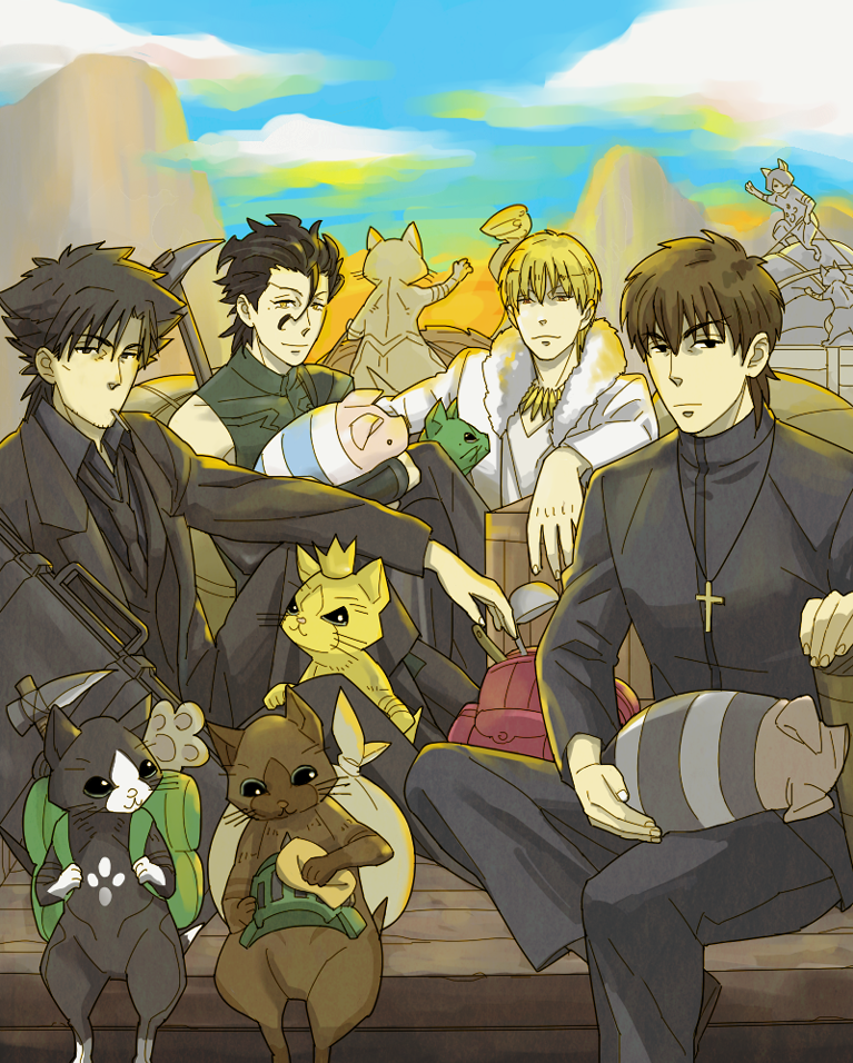 gilgamesh, kotomine kirei, emiya kiritsugu, diarmuid ua duibhne, felyne, and 1 more (fate and 2 more) drawn by b-parteggia