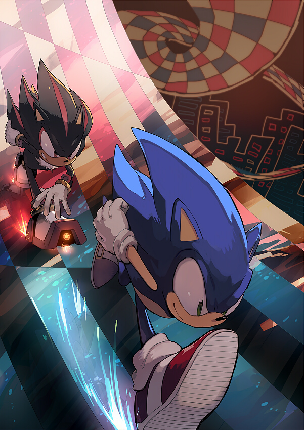 sonic the hedgehog and shadow the hedgehog (sonic and 1 more) drawn by aoki_(fumomo)