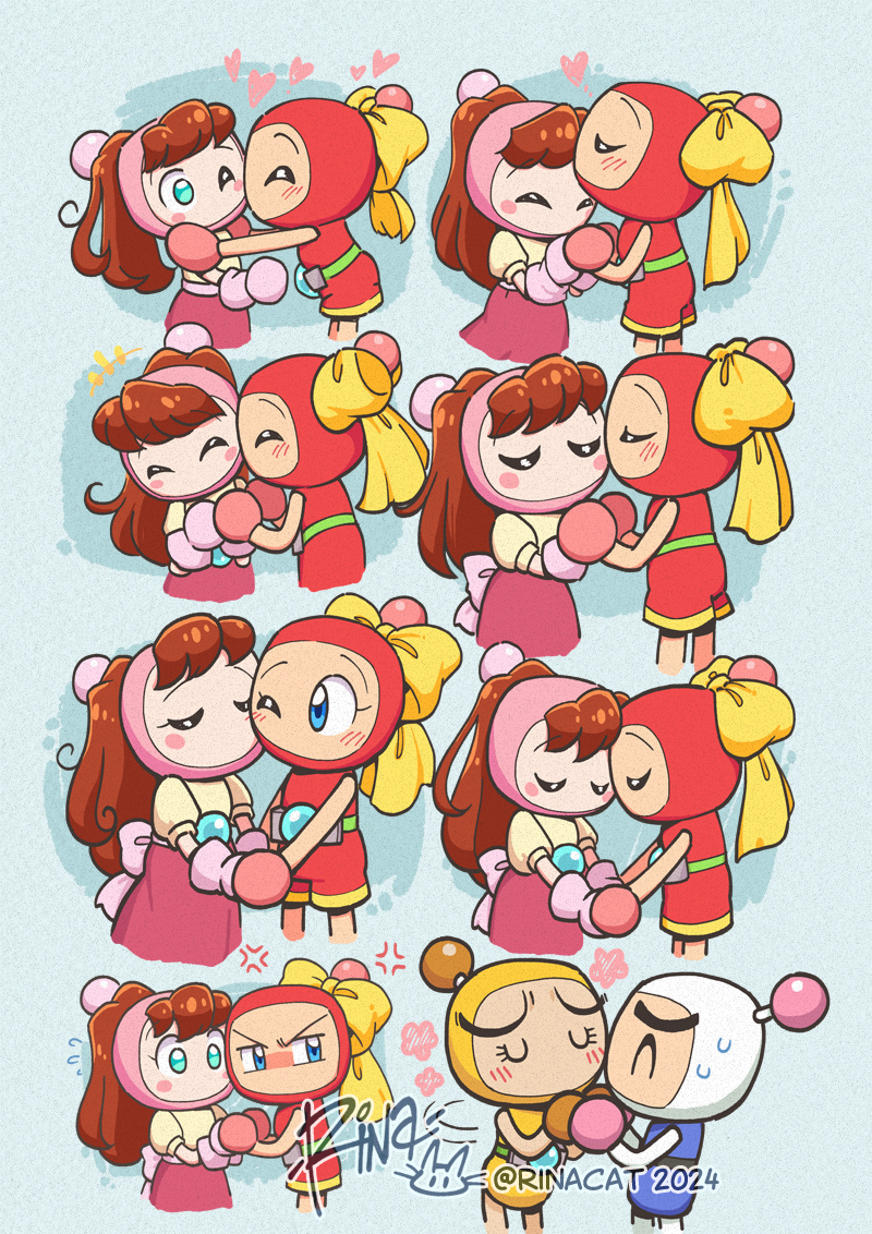 white bomberman, pink bomber, red bomber, and yellow bomber (bomberman and 1 more) drawn by rina_cat