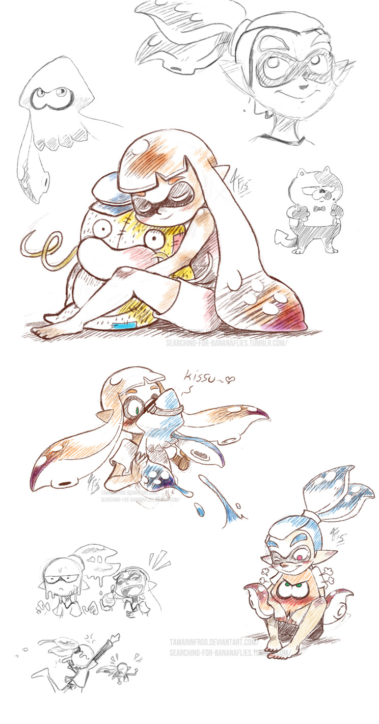 inkling player character, inkling girl, inkling boy, judd, and zapfish (splatoon and 1 more) drawn by tamarinfrog