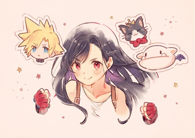 tifa lockhart, cloud strife, moogle, and cait sith (final fantasy and 1 more) drawn by xpo917