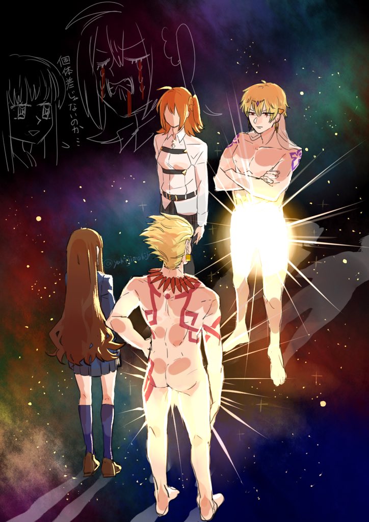 fujimaru ritsuka, kishinami hakuno, and gilgamesh (fate and 3 more) drawn by yukiji
