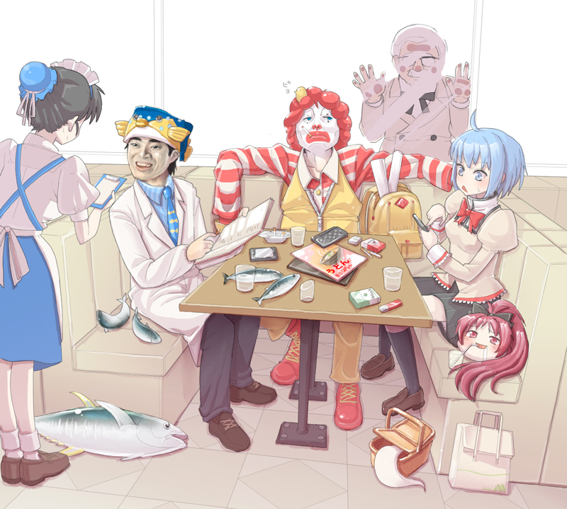 miki sayaka, sakura kyoko, kyubey, ronald mcdonald, colonel sanders, and 1 more (mahou shoujo madoka magica and 2 more) drawn by aosode