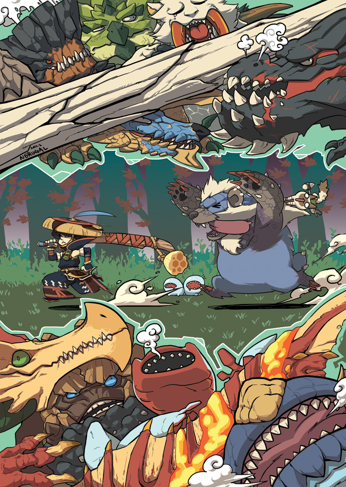monster hunter, felyne, deviljho, zinogre, rathian, and 9 more (monster hunter and 1 more) drawn by nerugal