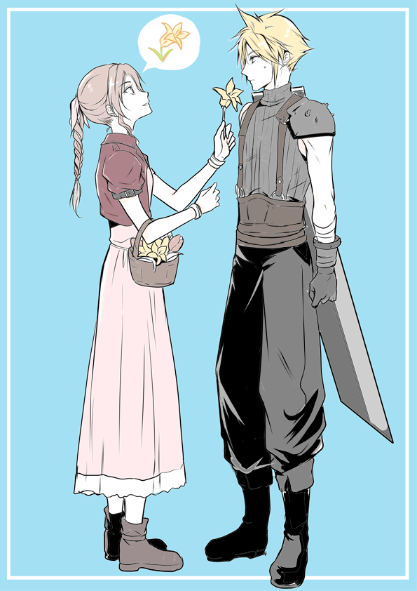cloud strife and aerith gainsborough (final fantasy and 2 more) drawn by akebi_(kakuri)