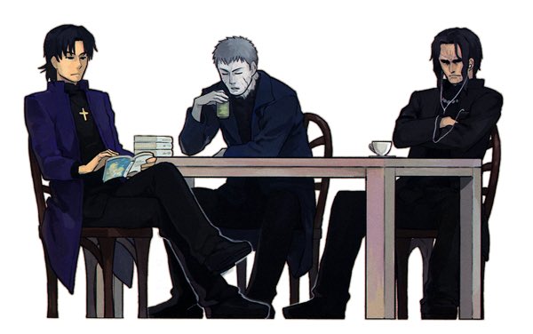 kotomine kirei, nrvnqsr chaos, araya souren, nakata jouji, and jamieson price (fate and 4 more) drawn by b_suke