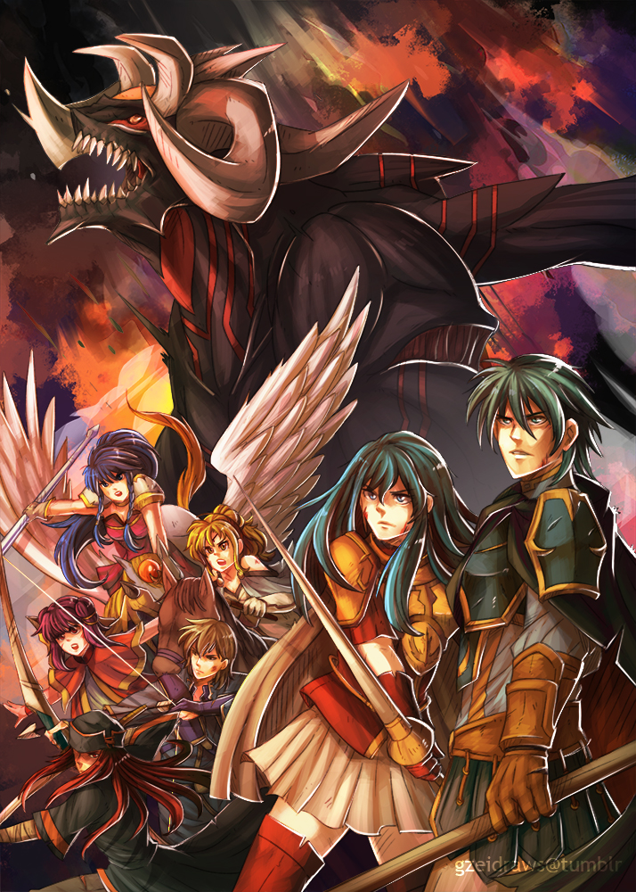eirika, ephraim, myrrh, tana, l'arachel, and 3 more (fire emblem and 1 more) drawn by gzei