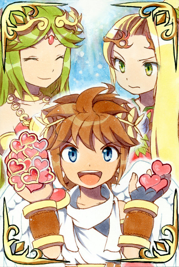 palutena, pit, and viridi (kid icarus and 1 more) drawn by azumi_(tks-sd)
