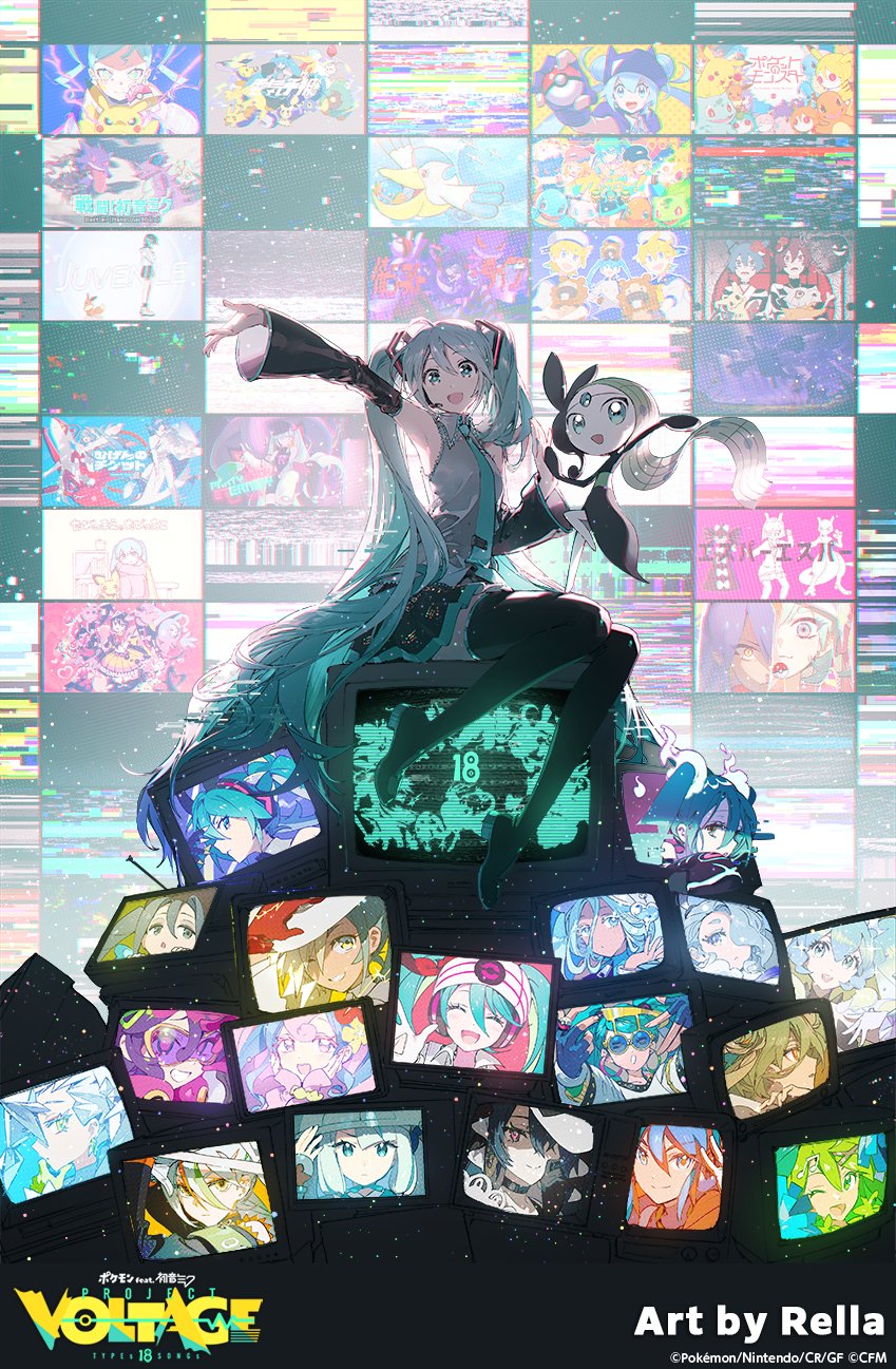 hatsune miku, kagamine rin, kagamine len, pikachu, eevee, and 34 more (pokemon and 7 more) drawn by rella