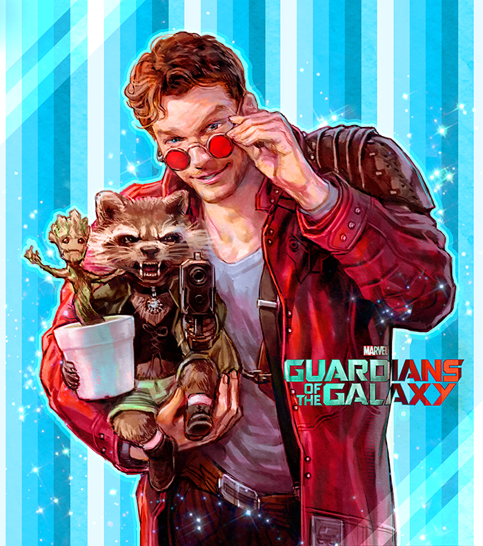 rocket raccoon, peter quill, and groot (marvel and 2 more) drawn by juneseo