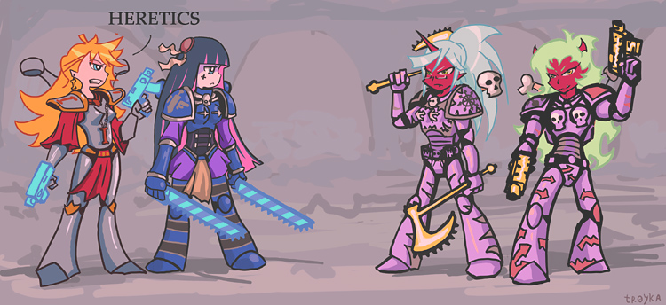 stocking, panty, kneesocks, scanty, and adepta sororitas (panty & stocking with garterbelt and 1 more) drawn by tr0yka