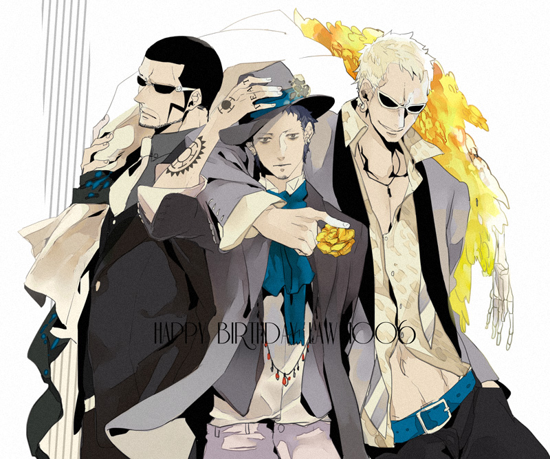 trafalgar law, donquixote doflamingo, and vergo (one piece) drawn by roco64