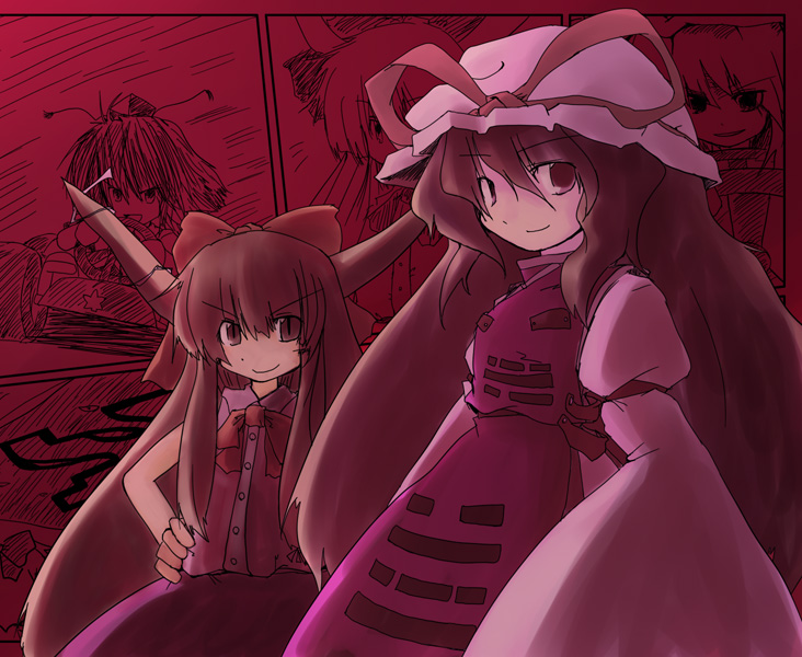 yakumo yukari, shameimaru aya, and ibuki suika (touhou) drawn by 216