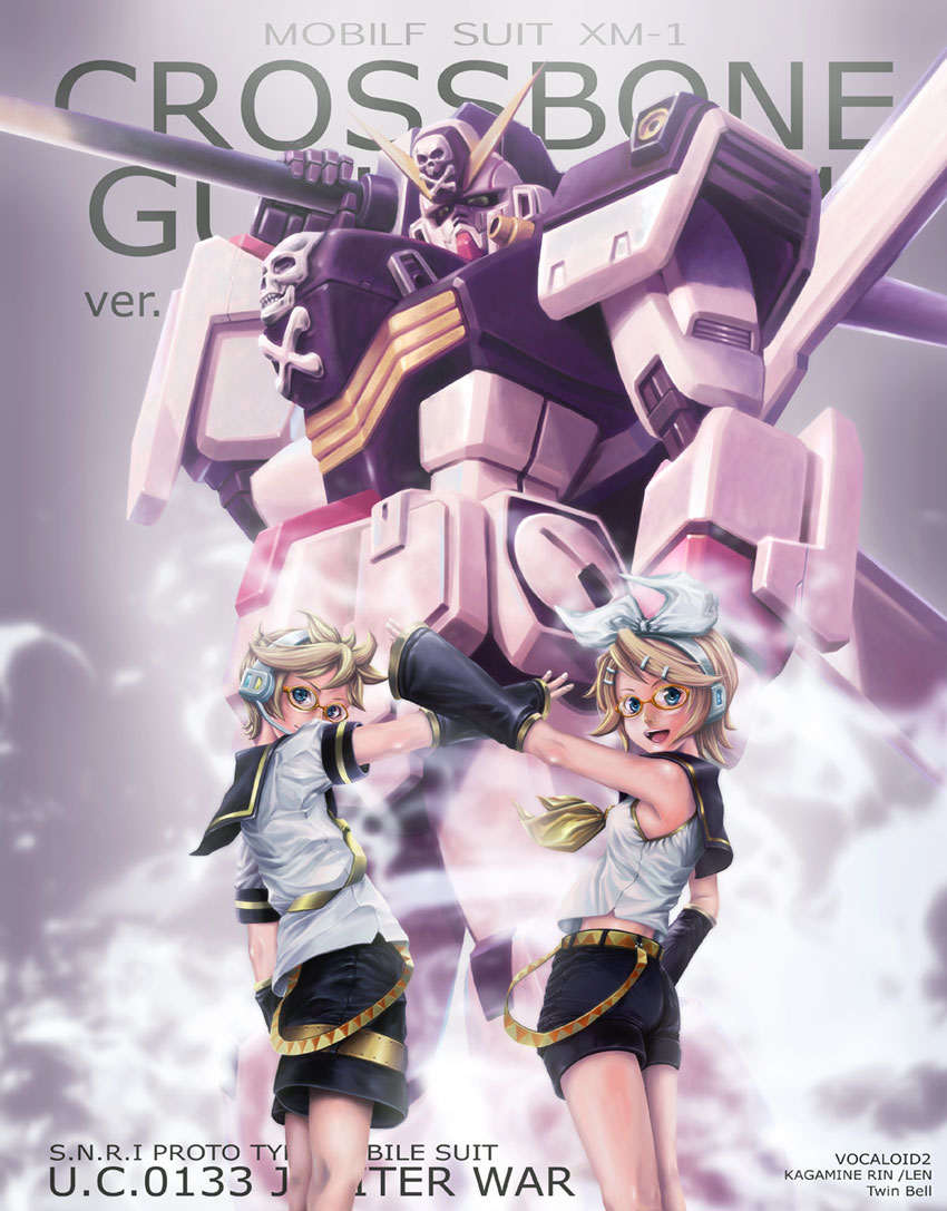 kagamine rin, kagamine len, and crossbone gundam x-1 (vocaloid and 2 more) drawn by twinbell
